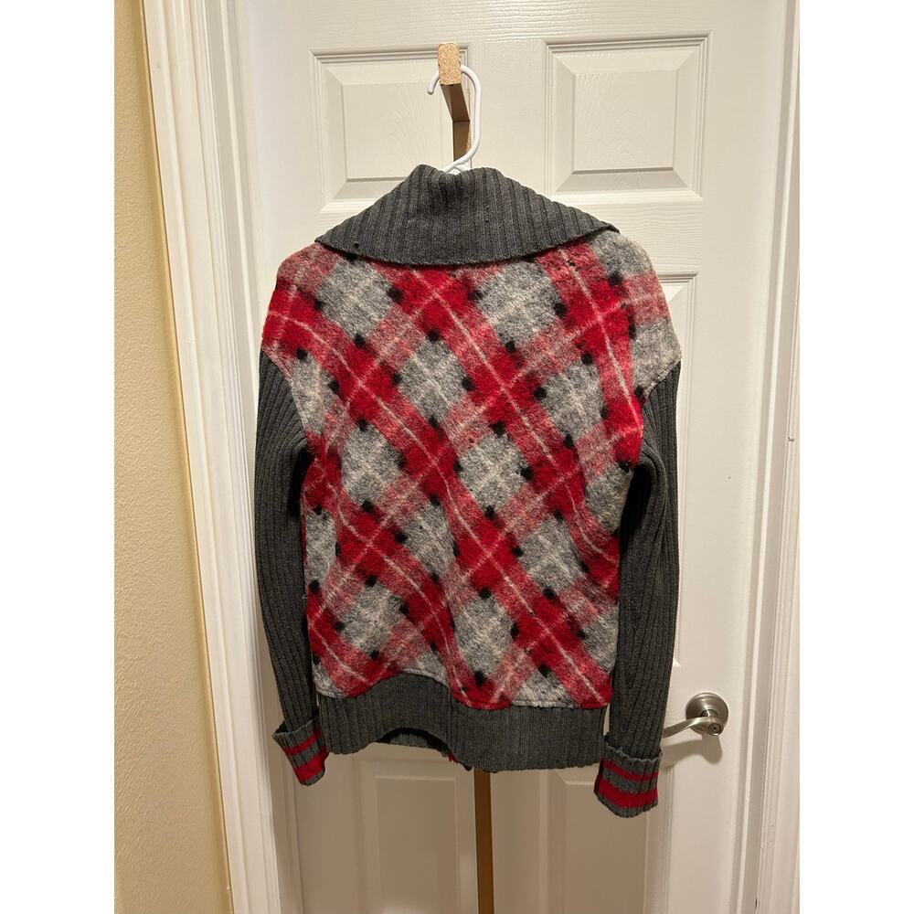 L.A.M.B Boiled Wool Cashmere Plaid Cardigan, Red/Gray, Medium - Picture 7 of 7